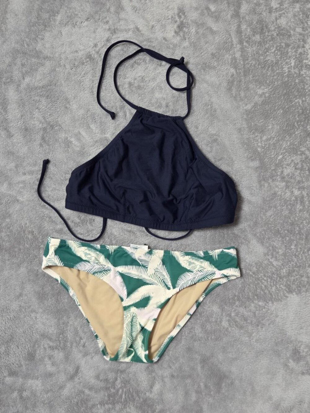 J.Crew Mixed Bikini Set Navy High Neck Halter Palm Print Bottoms Size S